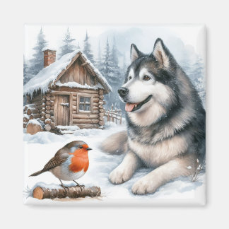 Husky and robin in the snow magnet, snow dog magnet