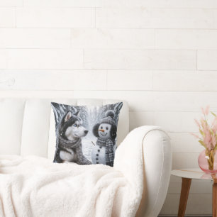 Husky and Snowman In Winter Woods Cushion