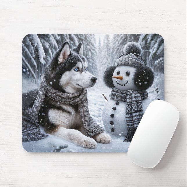 Husky and Snowman In Winter Woods Mouse Pad (With Mouse)