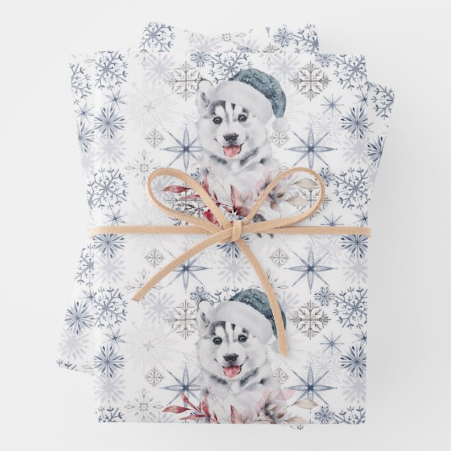 Husky Cute Blue Santa Hat Snowflakes Christmas  Wrapping Paper Sheet (In situ)