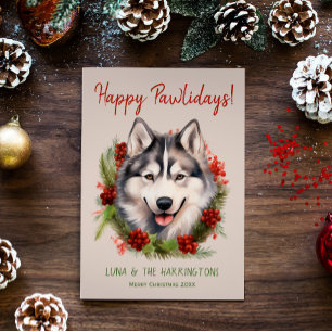 Husky Dog Christmas Happy Pawlidays Howlidays Holiday Card