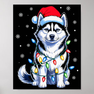 Husky Dog Christmas Lights Santa Hat Family Xmas P Poster