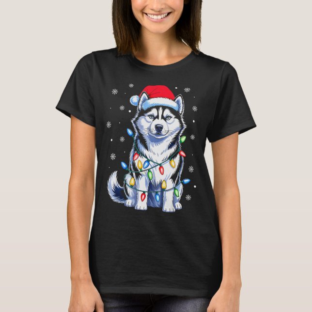 Husky Dog Christmas Lights Santa Hat Family Xmas P T-Shirt (Front)