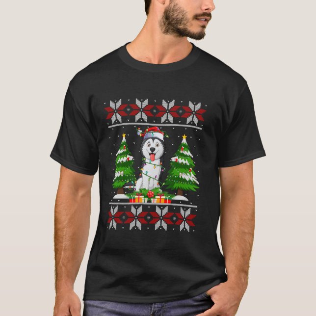 Husky Dog Christmas Tree Lights Ugly Sweater Santa (Front)