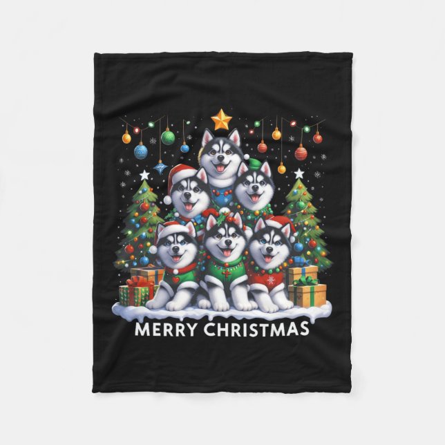 Husky Dog Christmas Tree Merry Christmas Matching  Fleece Blanket (Front)