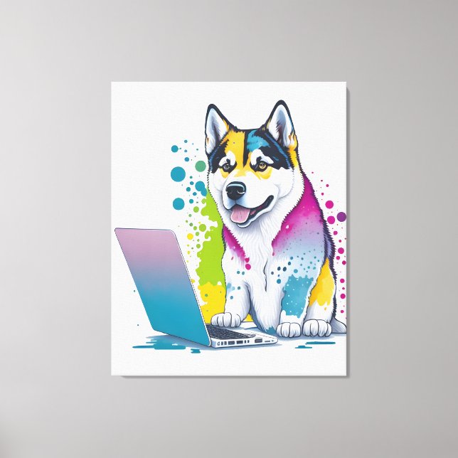 Husky Dog Computer Rainbow Watercolor Tech Savvy Canvas Print (Front)
