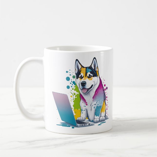 Husky Dog Computer Rainbow Watercolor Tech Savvy Coffee Mug (Left)