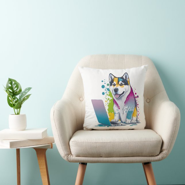 Husky Dog Computer Rainbow Watercolor Tech Savvy Cushion (Chair)