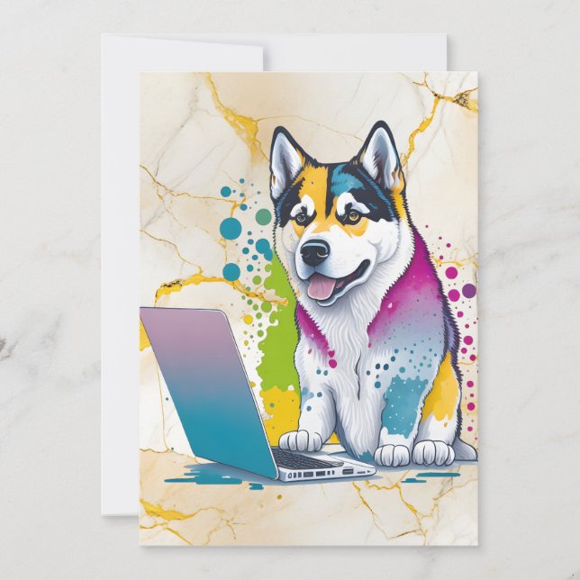 Husky Dog Computer Rainbow Watercolor Tech Savvy Holiday Card (Front)