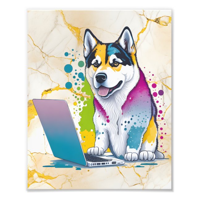 Husky Dog Computer Rainbow Watercolor Tech Savvy Photo Print (Front)