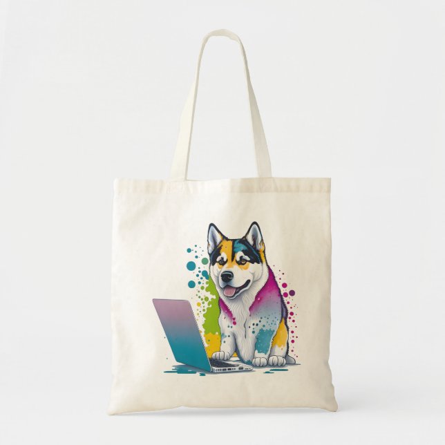 Husky Dog Computer Rainbow Watercolor Tech Savvy Tote Bag (Front)