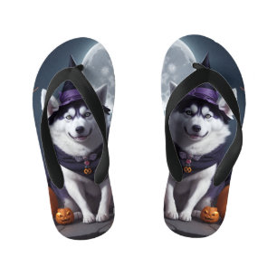 Husky Dog Halloween Adventure Moonlit Magic Spooky Kid's Jandals