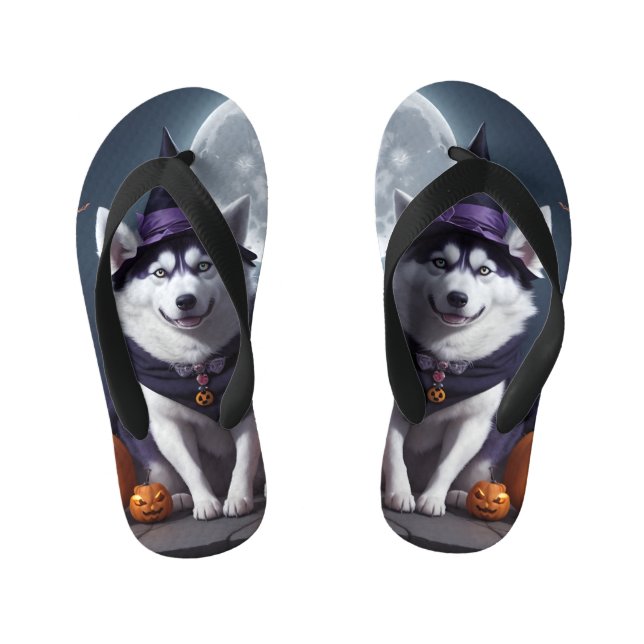 Husky Dog Halloween Adventure Moonlit Magic Spooky Kid's Jandals (Footbed)
