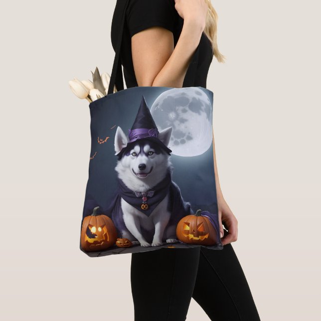 Husky Dog Halloween Adventure Moonlit Magic Spooky Tote Bag (Close Up)