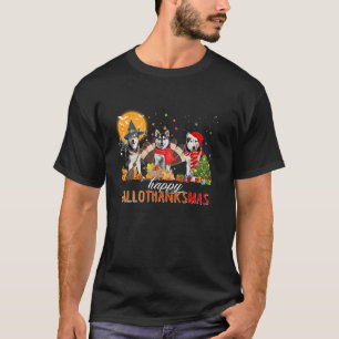 Husky Dog Halloween Thanksgiving Happy Hallothanks T-Shirt