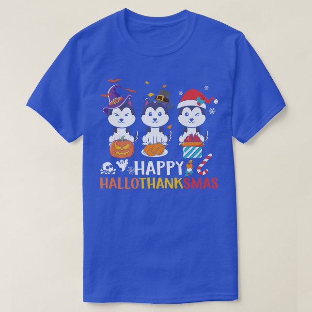 Husky Dog Happy HalloThanksmas Fall Autumn Hallowe T-Shirt (Design Front)