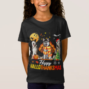Husky Dog Happy Hallothanksmas Halloween Thanksgiv T-Shirt