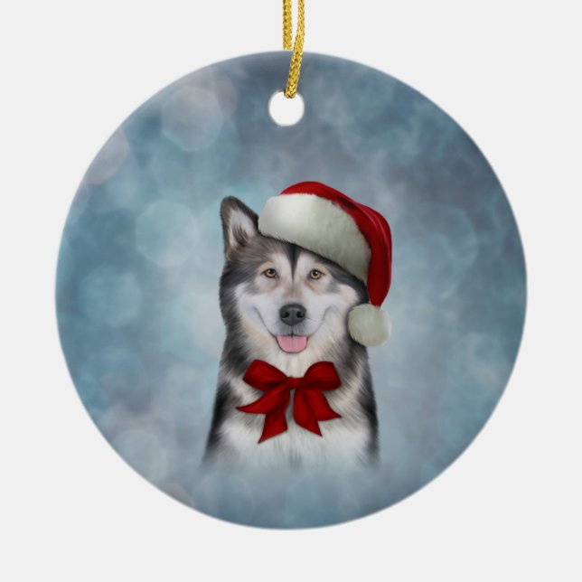 Husky dog in red hat of Santa Claus Ceramic Tree Decoration (Front)