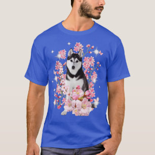 Husky Dog Japanese Cherry Blossom Sakura Flower T-Shirt