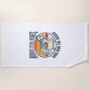 Husky Dog Lover Vintage Engraving Funny Pet Owner Beach Towel