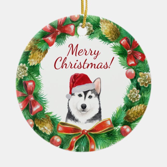 Husky Dog Merry christmas Ceramic Tree Decoration (Front)