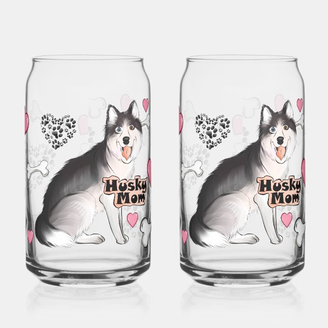 Husky Dog Mum with Bones & Hearts Can Glass (Left)