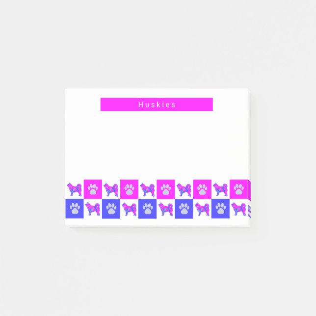 Husky Dog & Paw Hot Pink & Blue Silhouette Post-it Notes (Front)
