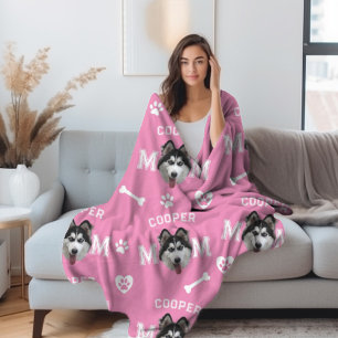 Husky Dog, Pink Personalised Name Repeat Fleece Blanket