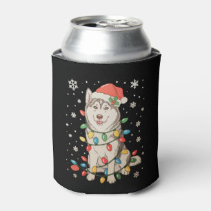 Husky Dog Santa Hat Christmas Tree Lights Xmas Can Cooler