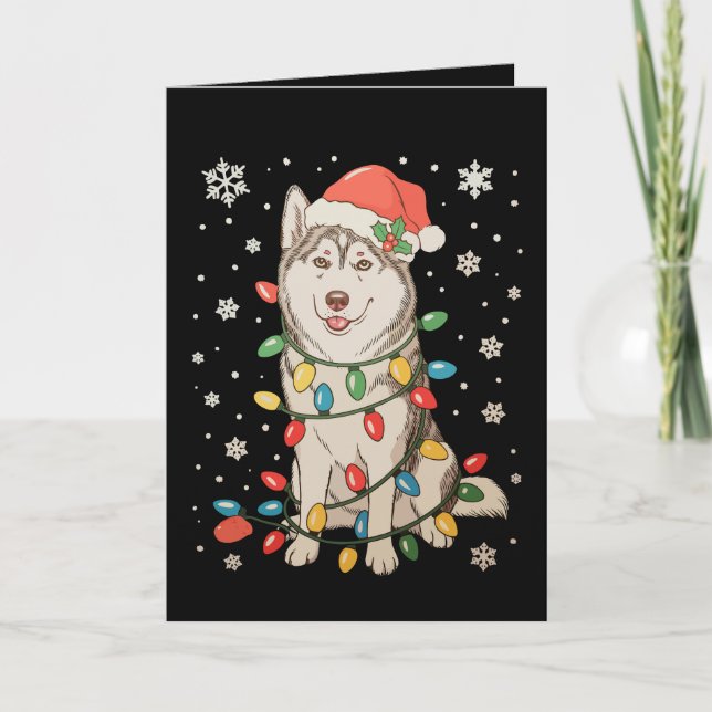 Husky Dog Santa Hat Christmas Tree Lights Xmas Card (Front)