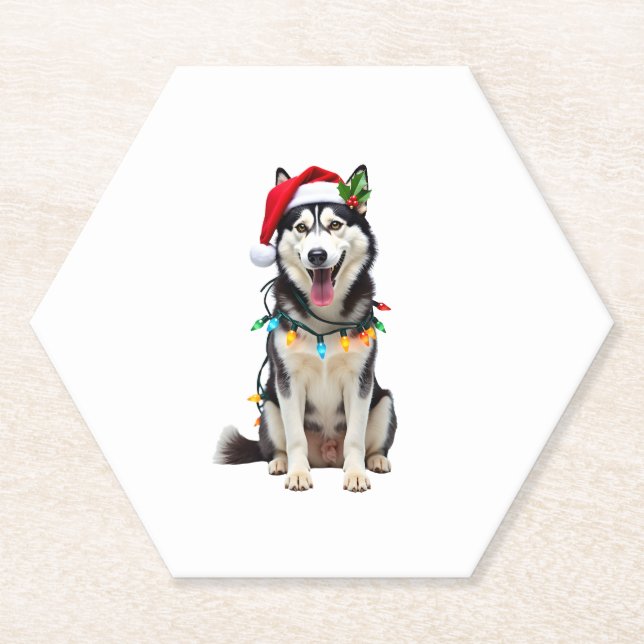 Husky Dog Santa Hat Christmas Tree Xmas Gifts For  Paper Coaster (Front)