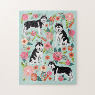 Husky Dog Vintage Florals Jigsaw Puzzle