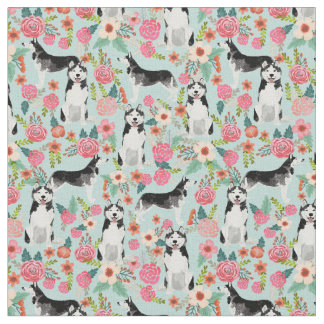 Husky dog vintage florals light blue fabric