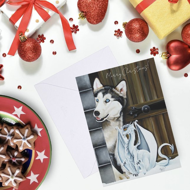 Husky Dog White Dragon Adventure Holiday Card (Creator Uploaded)