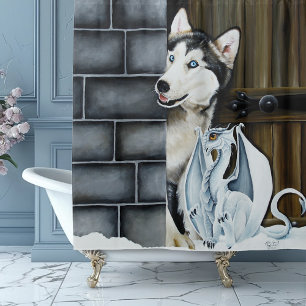 Husky Dog White Dragon Adventure Shower Curtain