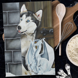 Husky Dog White Dragon Adventure Tea Towel
