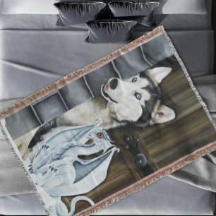 Husky Dog White Dragon Adventure Throw Blanket