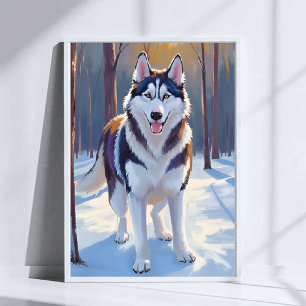 Husky   Dog Winter Watercolor Pet Painting Poster