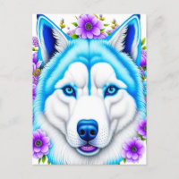 Husky Dog with Blue Eyes and Flowers  