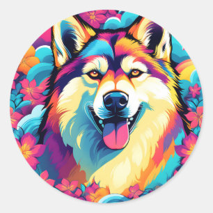 Husky Dog With Flowers Classic Round Sticker