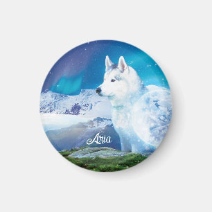 Husky dog with mountains and northern lights  magnet