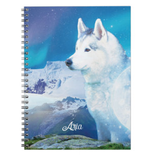 Husky dog with mountains and northern lights  notebook