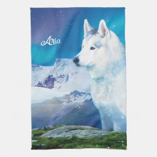 Husky dog with mountains and northern lights  tea towel