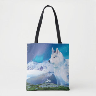 Husky dog with mountains and northern lights  tote bag