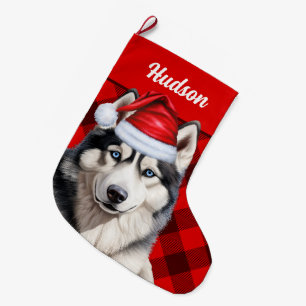 Husky Dog's Name Red Buffalo Plaid Personalised Large Christmas Stocking
