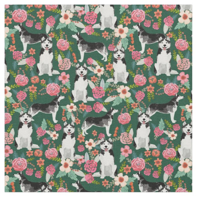 Husky dogs vintage florals green fabric (Close Up)