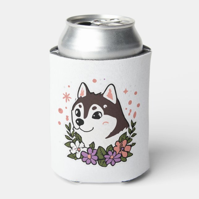 Husky Flowers Dog Lover Malamute Can Cooler (Can Front)