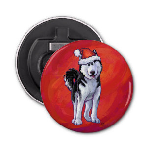 Husky in Santa Hat On Red Bottle Opener
