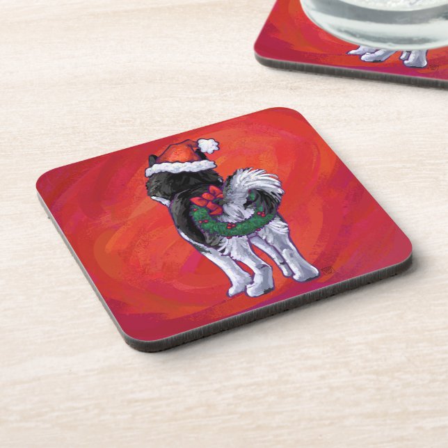 Husky in Santa Hat On Red Coaster (Left Side)