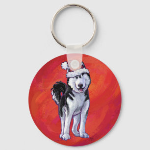 Husky in Santa Hat On Red Key Ring